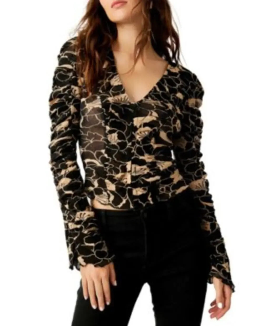 Free People Through The Meadow Black Floral Ruched Long Sleeve Mesh Knit Top XS